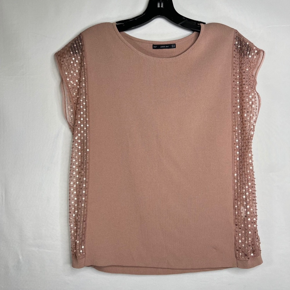 Zara Mauve Pink Sequin Trim‎ Knit Top Womens M Mesh Party Blouse Glam Cocktail